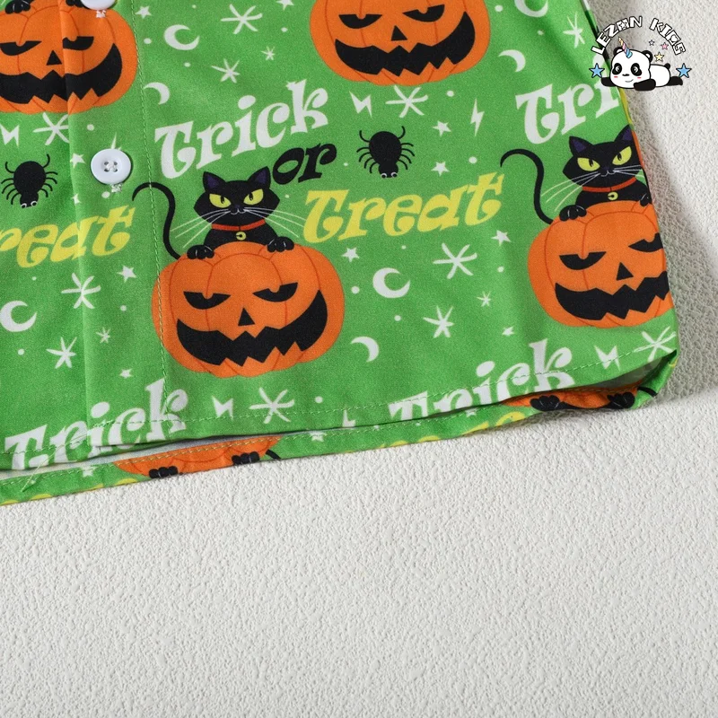 LEZONKIDS - Fashion New Kids Halloween Costumes 2023 Summer Boys Short Sleeve Pumpkin Printed Shirt Shorts 2 Piece Set